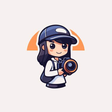 Kameralı sevimli fotoğrafçı kız. Çizgi film tarzında vektör illüstrasyonu.