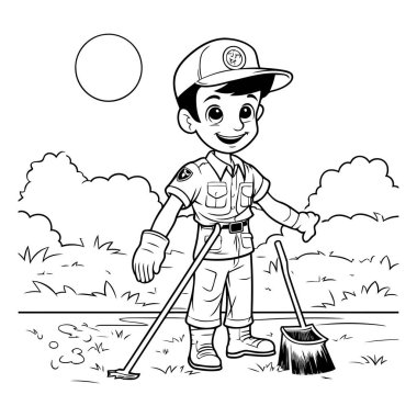 İtfaiyeci üniformalı çocuk. Doğada süpürge var. siyah ve beyaz vektör çizimi