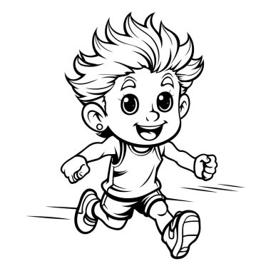 Siyah ve Beyaz Çizgi Film İllüstrasyonu 'nda koşan sevimli küçük çocuk. Vektör