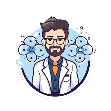 Yuvarlak ikondaki erkek bilim adamı karakteri. Çizgi film tarzında vektör illüstrasyonu.