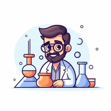 Laboratuvarda çalışan bir bilim adamı. Çizgi film tarzında vektör illüstrasyonu.