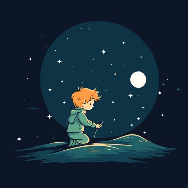 Ay ışığında oynayan sevimli küçük bir çocuk. Vektör illüstrasyonu.