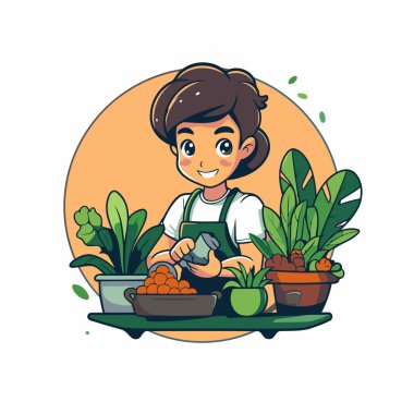 Önlüklü bir kadının meyve ve sebzelerle çalışmasının karikatür çizimi.