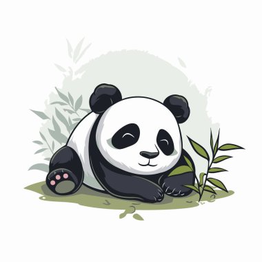 Çimlerin üzerinde oturan sevimli panda. Vektör illüstrasyonu.