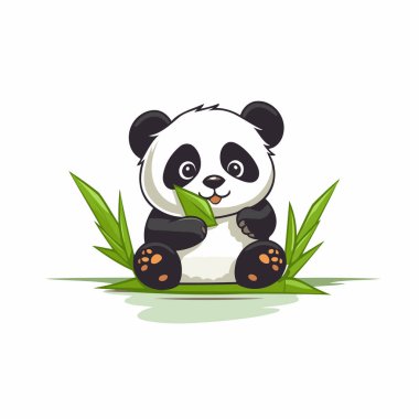 Beyaz arka planda izole edilmiş çimen vektörü çizimi üzerinde oturan sevimli panda.