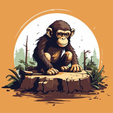 Şempanze maymunu kütüğün üzerinde oturuyor. Vektör illüstrasyonu.
