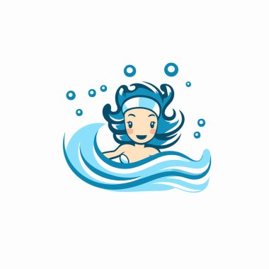 Denizde yüzen bir kadının vektör çizimi. Düz biçim.