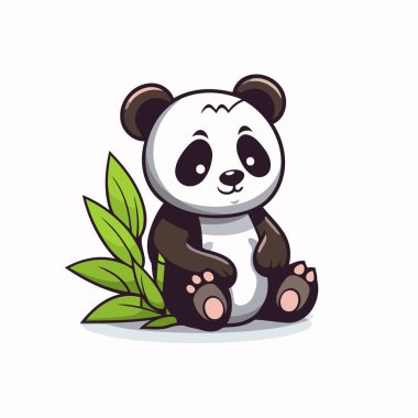 Yerde yeşil yapraklarla oturan sevimli panda. Vektör illüstrasyonu.