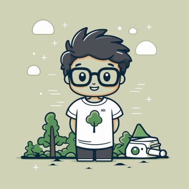 Gözlüklü ve parkta arabası olan bir çocuk. Vektör illüstrasyonu.