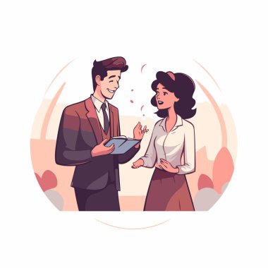 İş adamı ve iş kadını proje hakkında konuşuyor. Düz stil erkek ve kadın karakterler. Vektör illüstrasyonu