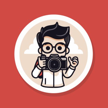 Kameralı yakışıklı fotoğrafçı. Çizgi film tarzında vektör illüstrasyonu.