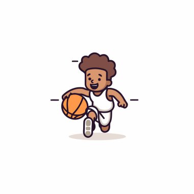 Çizgi filmci çocuk basketbol oynuyor. Düz bir şekilde vektör illüstrasyonu.