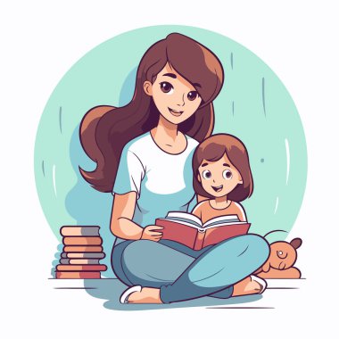 Anne ve kızı kitap okuyor. Çizgi film tarzında vektör illüstrasyonu.