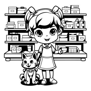Mağazasında kedisi ve köpeği olan sevimli küçük bir kız. Siyah ve beyaz vektör çizimi.