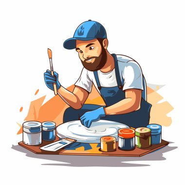 Ressam iş başında. Vektör karikatür çizimi beyaz arkaplanda izole edildi.