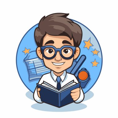 Kitapları ve kırtasiyesi olan bir öğrenci. Çizgi film tarzında vektör illüstrasyonu