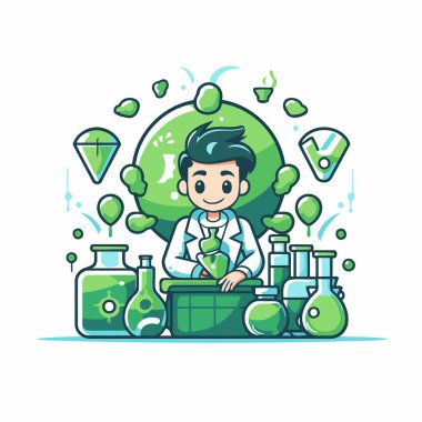 Kimyasal laboratuvar ekipmanlarıyla bilim adamı. Çizgi film tarzında vektör illüstrasyonu.