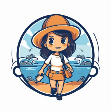 Plajda sırt çantalı şapkalı bir kızın vektör çizimi.