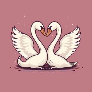 Pembe arka planda birbirine aşık iki kuğunun vektör çizimi.