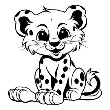 Çita Siyah ve Beyaz Çizgi Film Maskot Karakteri Vektör İllüstrasyonu