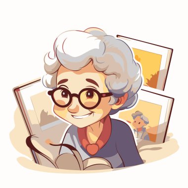 Kitap okuyan gözlüklü yaşlı bir kadın. Vektör illüstrasyonu.