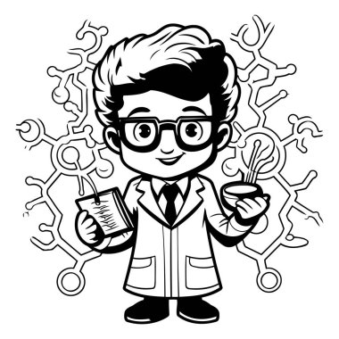 Renklendirme Kitabı veya Sayfa için Bilim adamı Çizgi Film Karakteri Vektör İllüstrasyonu