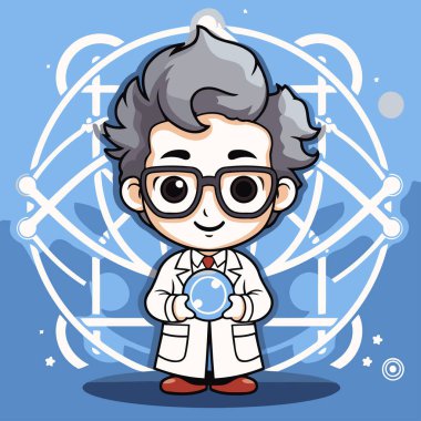 Elinde kristal olan çizgi film bilimcisi. Vektör illüstrasyonu.