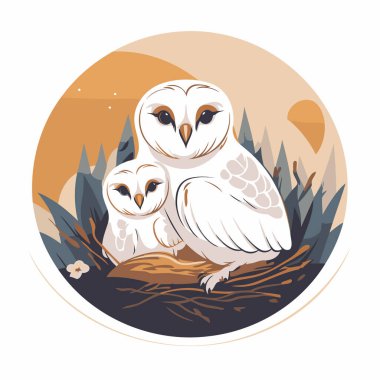 Yuvadaki baykuş ailesi. Çizgi film tarzında vektör illüstrasyonu.