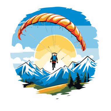 Dağların arka planında paraglider. Vektör illüstrasyonu.