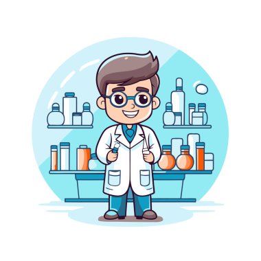 Laboratuvar önlüğü ve gözlüklü bilim adamı çizgi film karakteri. Vektör illüstrasyonu.