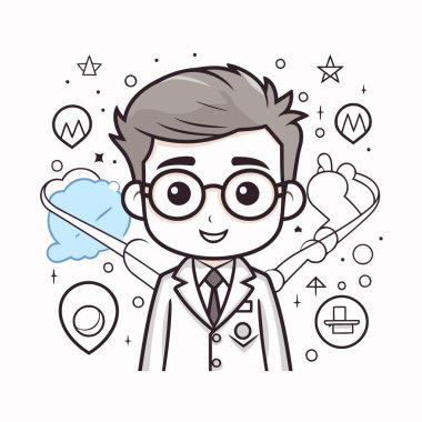 Beyaz önlüklü ve gözlüklü, etrafında simgeler olan bir erkek doktorun vektör çizimi..