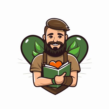 Kalp şeklinde yaprakları olan bir kitap okuyan bir adamın vektör çizimi.
