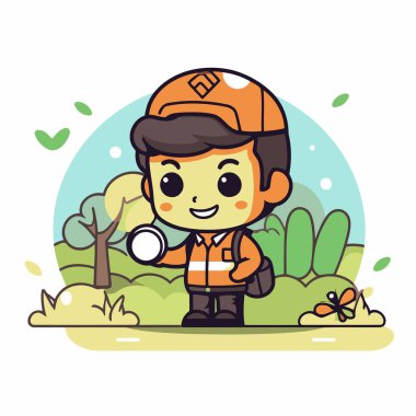 Park vektörü illüstrasyonunda büyüteç tutan sevimli çocuk..