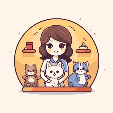 Şirin kız ve kediler. Vektör çizimi. Sevimli çizgi film karakteri..