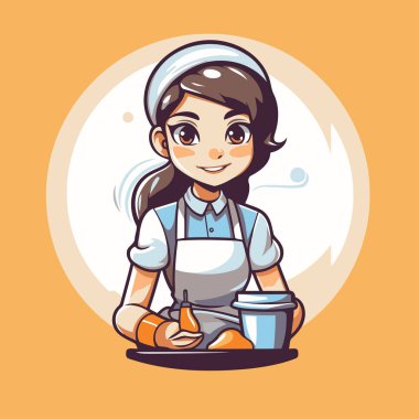 Bir fincan kahve ve vektör çizimi olan tatlı bir aşçı kız..
