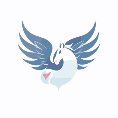 Kanatları ve kalp logosu olan Pegasus. Düz biçimli vektör illüstrasyonu.