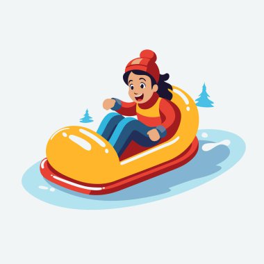 Kız buz kaydırağında kayıyor. Çizgi film tarzında vektör illüstrasyonu.