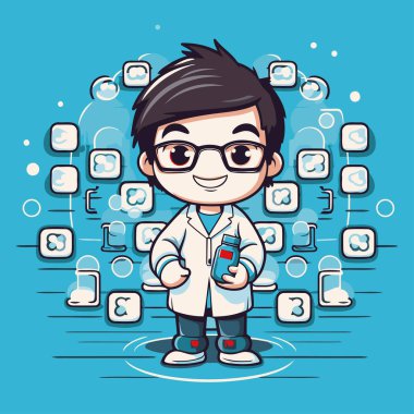 Şirin çocuk bilim adamı çizgi film karakteri. Düz biçimli vektör illüstrasyonu.