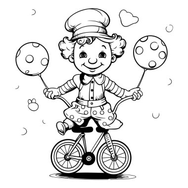 Sirk palyaçosunun bisiklet sürerken ve toplarla hokkabazlık yaparken karikatür çizimi..