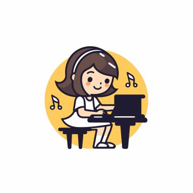 Piyano Vektörü Simgesi Çalan Kız. Düz Tasarım. Vektör İllüstrasyonu.