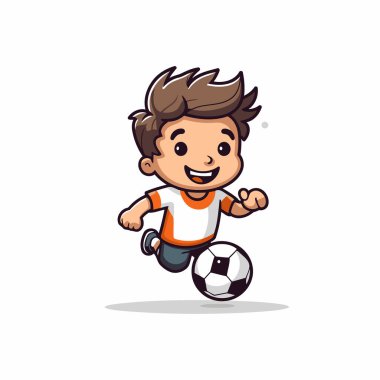 Beyaz bir arka planda izole edilmiş futbol çizgi filmi vektörü illüstrasyonu oynayan sevimli çocuk..
