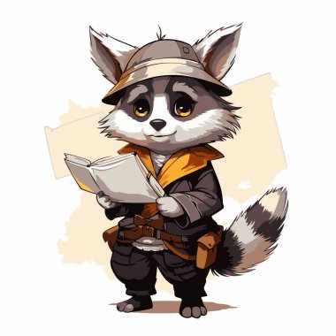 Sırt çantası ve haritası olan bir rakun avcısı. Vektör illüstrasyonu.