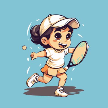 Çizgi film kızı tenis oynuyor. Tenis oynayan bir kızın vektör çizimi.