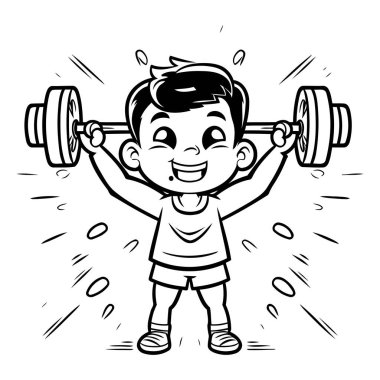 Çocuk halter kaldırıyor. Boyama kitabı için siyah ve beyaz vektör çizimi.