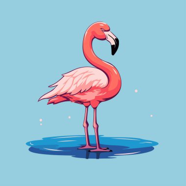 Mavi arka planda pembe flamingo. Çizgi film tarzında vektör illüstrasyonu.