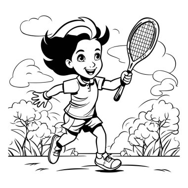 Tenis oynayan küçük çocuk - Siyah ve beyaz çizgi film illüstrasyonu. Vektör