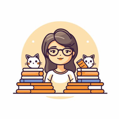 Kedili ve yığınla kitabı olan kız. Düz biçimli vektör illüstrasyonu