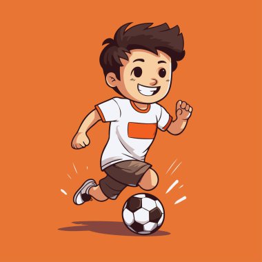 Çizgi filmci çocuk futbol topunu tekmeliyor. Turuncu arkaplanda izole edilmiş vektör illüstrasyonu.