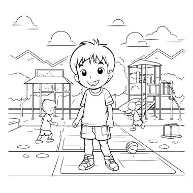 Siyah-beyaz vektör çizimleriyle oyun alanı çizgi filminde oynayan küçük çocuk.