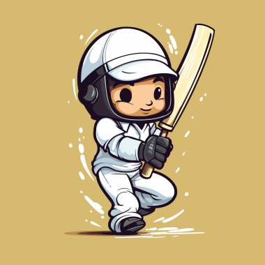 Sopa ve miğferli kriket oyuncusu. Vektör çizgi film illüstrasyonu.